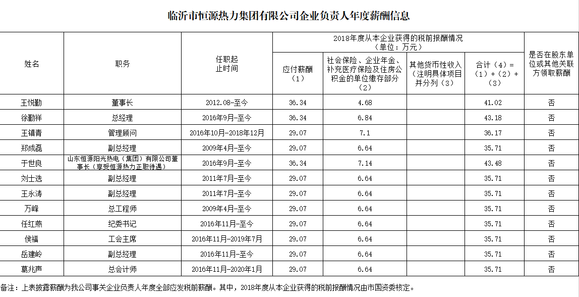 臨沂市恒源熱力集團有限公司2018年度企業(yè)負責人年度薪酬信息