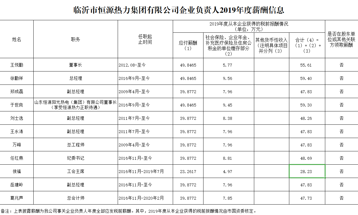 臨沂市恒源熱力集團有限公司企業(yè)負責人2019年度薪酬信息